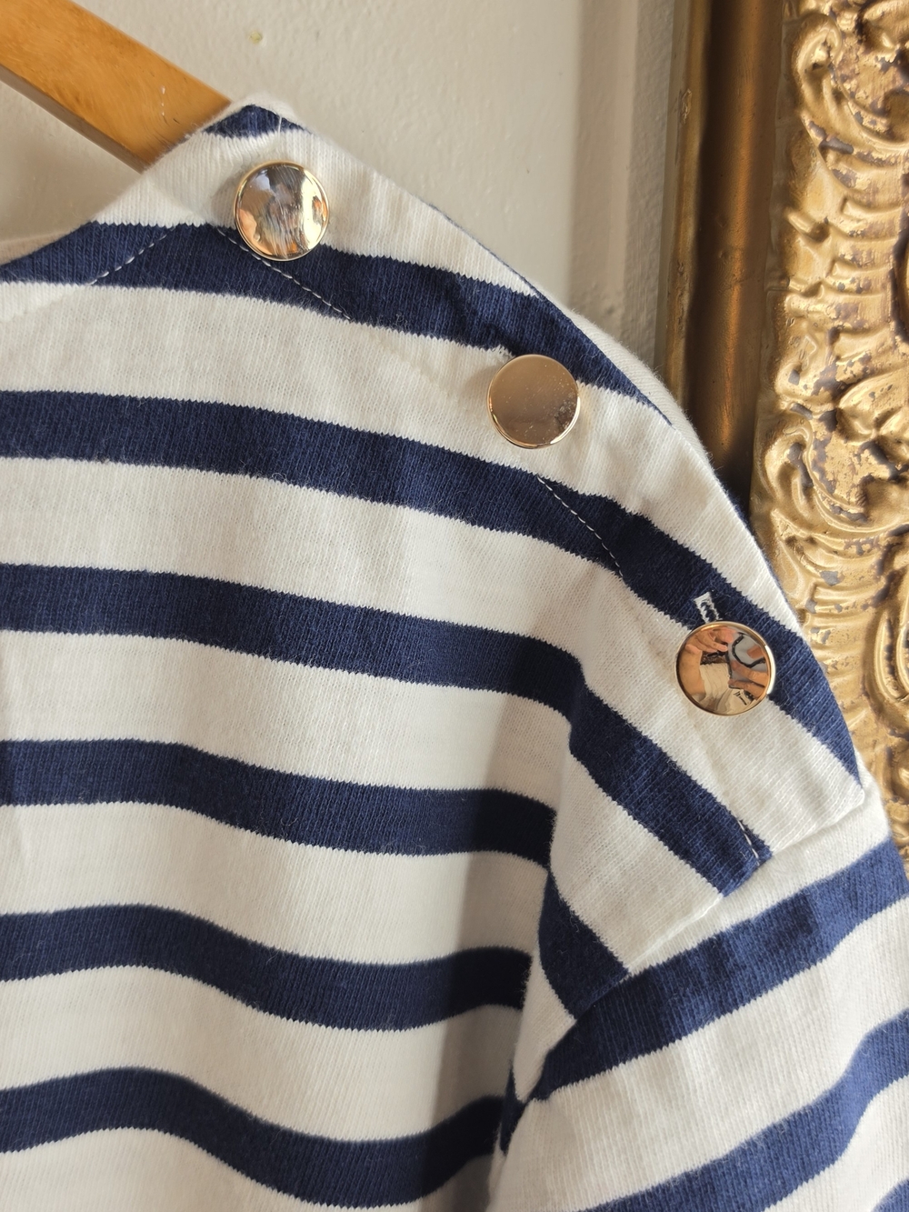 LOFT Navy 100% Cot White Striped Short Sleeve Boatneck Top with Shoulder Buttons - Picture 3 of 8